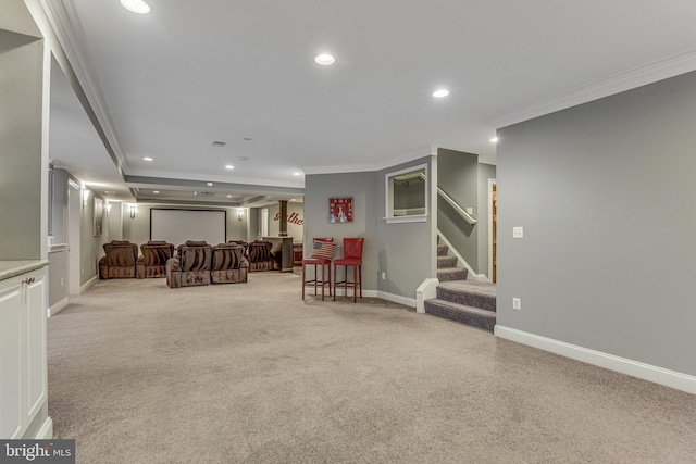 interior space featuring ornamental molding, recessed lighting, stairway, baseboards, and light colored carpet