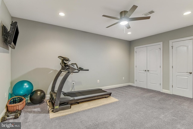 workout area with recessed lighting, visible vents, baseboards, and carpet