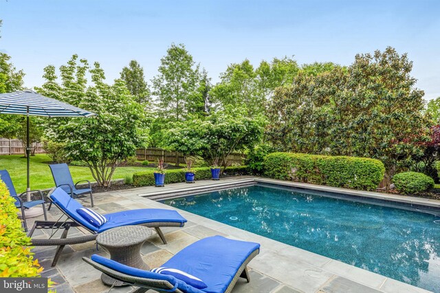 view of swimming pool featuring a patio area, a fenced in pool, a lawn, and a fenced backyard