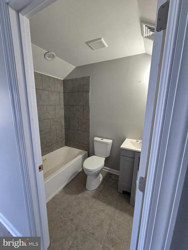 bathroom featuring visible vents, toilet, vaulted ceiling, vanity, and shower / bathing tub combination