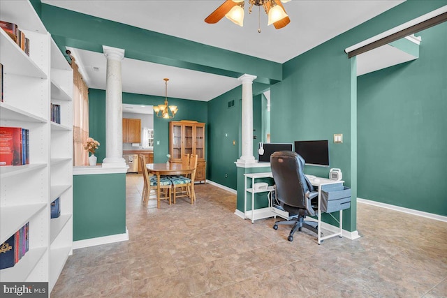 home office with visible vents, a ceiling fan, baseboards, and ornate columns