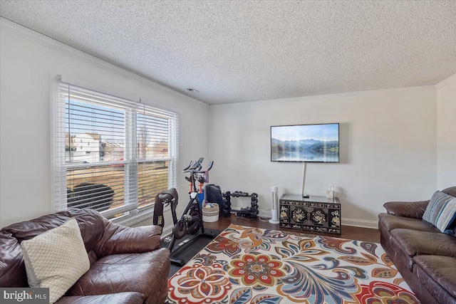 living area with a textured ceiling, baseboards, wood finished floors, and crown molding