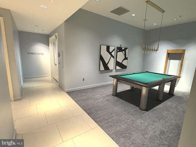 rec room featuring tile patterned flooring, pool table, baseboards, carpet floors, and recessed lighting