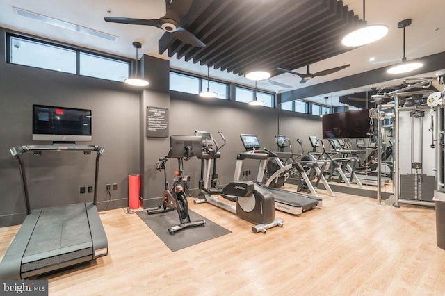 workout area featuring visible vents, wood finished floors, and a ceiling fan