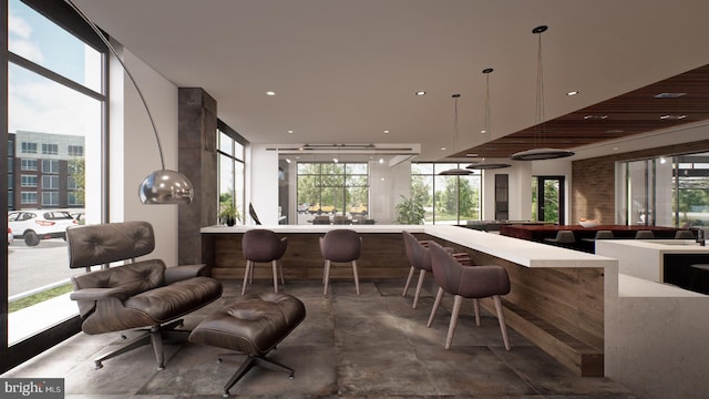 interior space featuring hanging light fixtures, a healthy amount of sunlight, and expansive windows