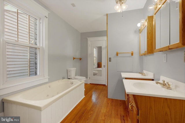 bathroom featuring wood finished floors, a tub with jets, double vanity, a sink, and toilet