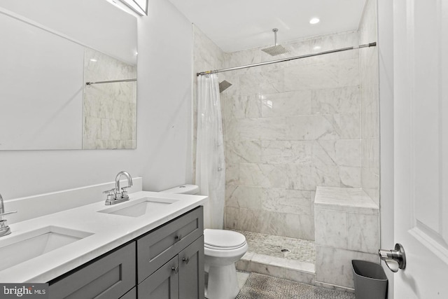 bathroom with toilet, a sink, and tiled shower