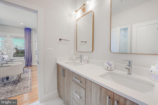 full bath featuring a sink, baseboards, wood finished floors, and double vanity