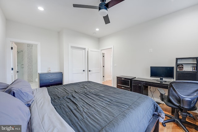 bedroom featuring connected bathroom, recessed lighting, light wood-style floors, and ceiling fan