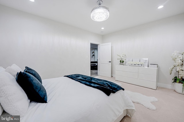 bedroom with recessed lighting, baseboards, carpet, and an inviting chandelier