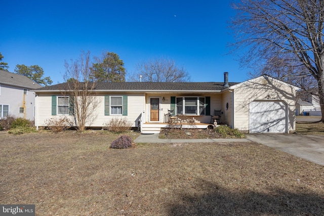 single story home featuring concrete driveway, a porch, and an attached garage