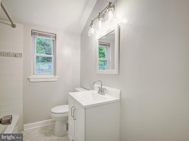 full bathroom featuring baseboards, toilet, marble finish floor, vanity, and  shower combination