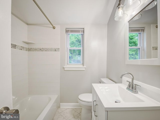 bathroom with toilet, marble finish floor, baseboards, bathing tub / shower combination, and vanity