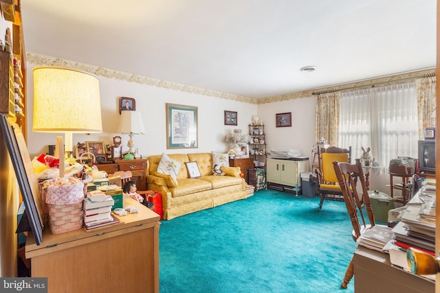 carpeted living room featuring visible vents