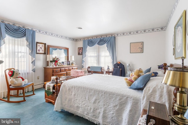 bedroom featuring carpet flooring, visible vents, and a baseboard radiator