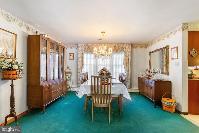 dining space with an inviting chandelier, baseboards, baseboard heating, and carpet floors