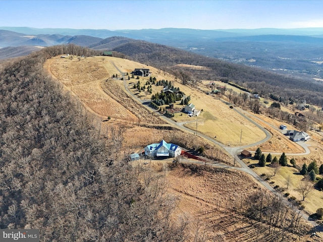 bird's eye view featuring a mountain view and a rural view