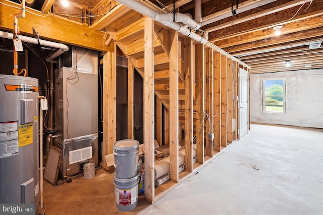 basement with heating unit and water heater