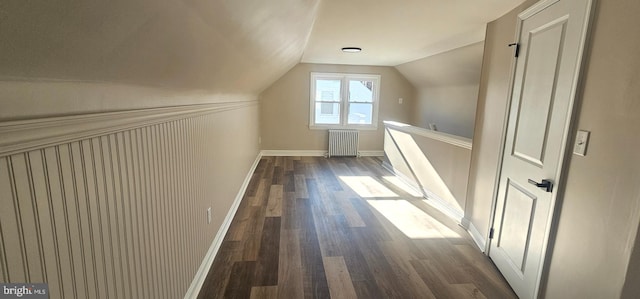 additional living space featuring lofted ceiling, radiator, baseboards, and dark wood-type flooring