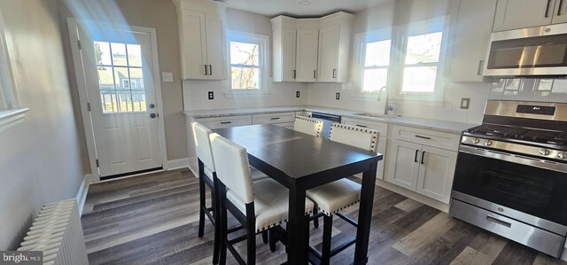 kitchen with a sink, decorative backsplash, dark wood-type flooring, white cabinets, and appliances with stainless steel finishes