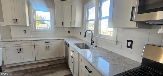 kitchen featuring a sink, stainless steel appliances, a healthy amount of sunlight, and dark wood-style flooring