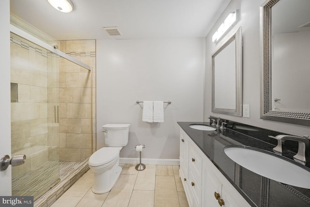 full bath featuring visible vents, a shower stall, toilet, and a sink