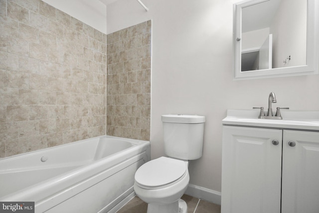 bathroom with baseboards, toilet, tile patterned floors, tub / shower combination, and vanity