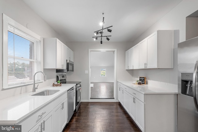 kitchen with a healthy amount of sunlight, appliances with stainless steel finishes, dark wood-type flooring, and a sink