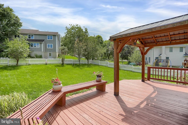 wooden deck with a fenced backyard and a yard