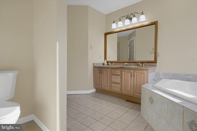 full bath featuring double vanity, toilet, tile patterned floors, a garden tub, and a sink