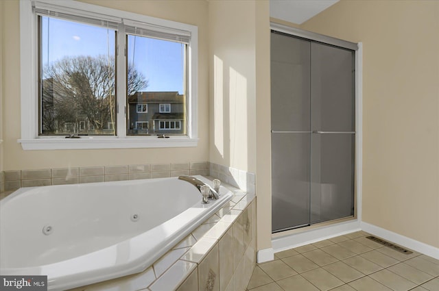 bathroom with visible vents, baseboards, a shower stall, tile patterned floors, and a whirlpool tub