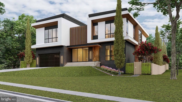 modern home with stucco siding, an attached garage, and a front lawn