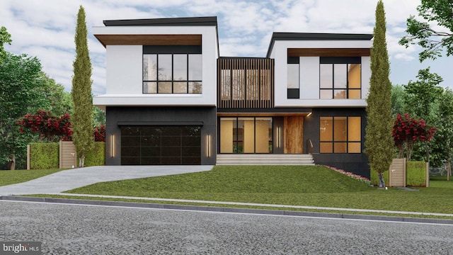 contemporary house with a front lawn, concrete driveway, stucco siding, a garage, and a balcony