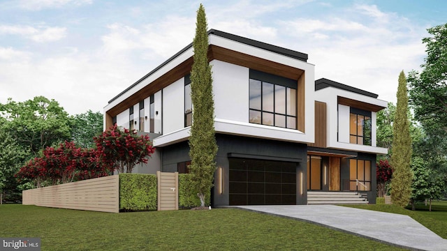 modern home featuring stucco siding, an attached garage, concrete driveway, and a front lawn