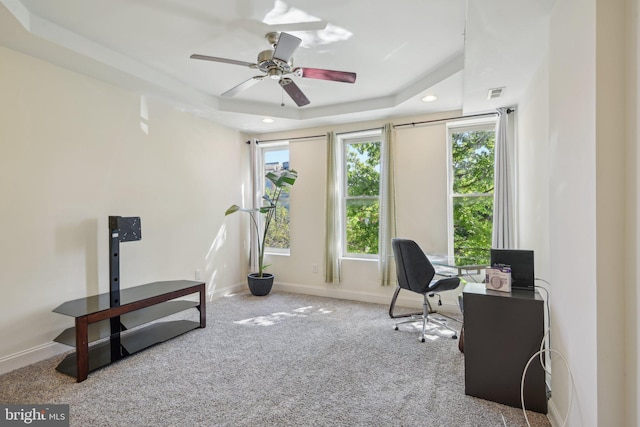 office space with ceiling fan, visible vents, baseboards, carpet, and recessed lighting