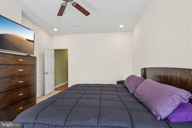 bedroom featuring baseboards, a ceiling fan, and recessed lighting