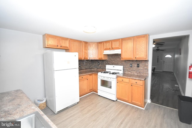 kitchen with light wood-style floors, white appliances, under cabinet range hood, and backsplash