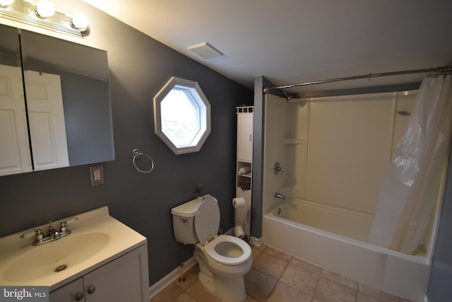 full bathroom featuring visible vents, toilet, shower / bath combo with shower curtain, vanity, and tile patterned flooring