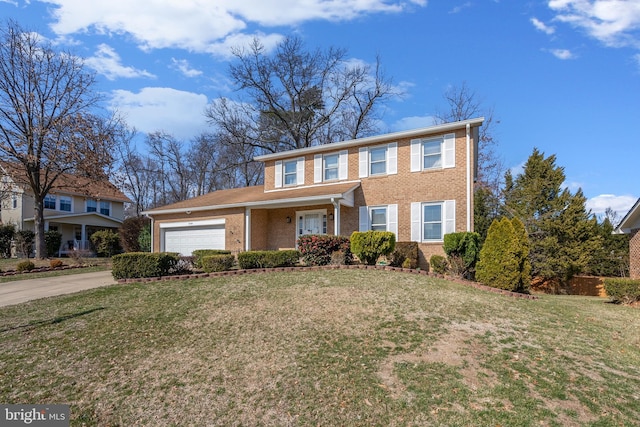 view of front of property with concrete driveway, a front lawn, an attached garage, and brick siding