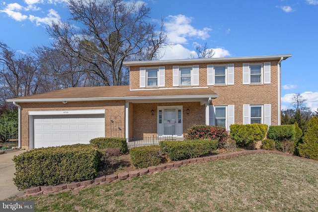 view of front facade featuring concrete driveway, an attached garage, covered porch, a front yard, and brick siding