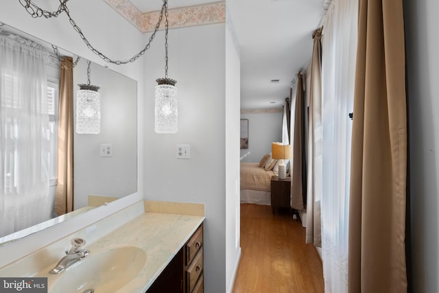 bathroom with wood finished floors and vanity