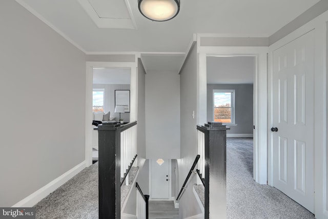 corridor with an upstairs landing, baseboards, and carpet floors