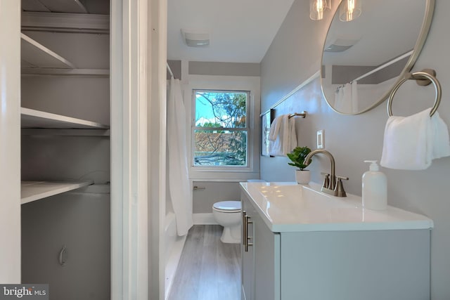 full bath with toilet, vanity, and wood finished floors