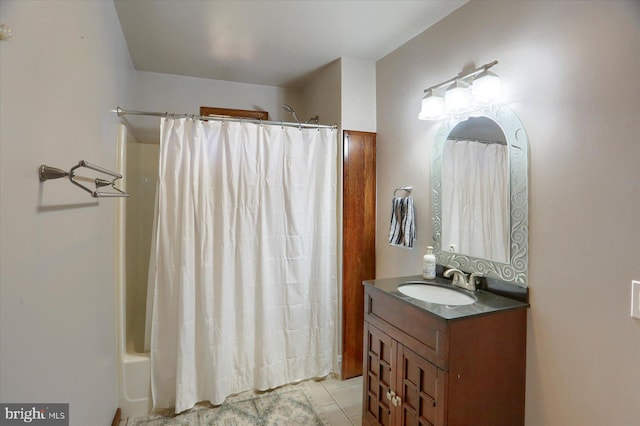 bathroom with vanity, tile patterned floors, and a shower with curtain