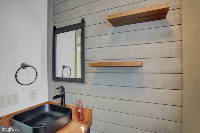 details with a sink and wooden walls