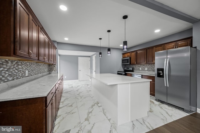 kitchen with dark brown cabinetry, marble finish floor, stainless steel appliances, light countertops, and recessed lighting