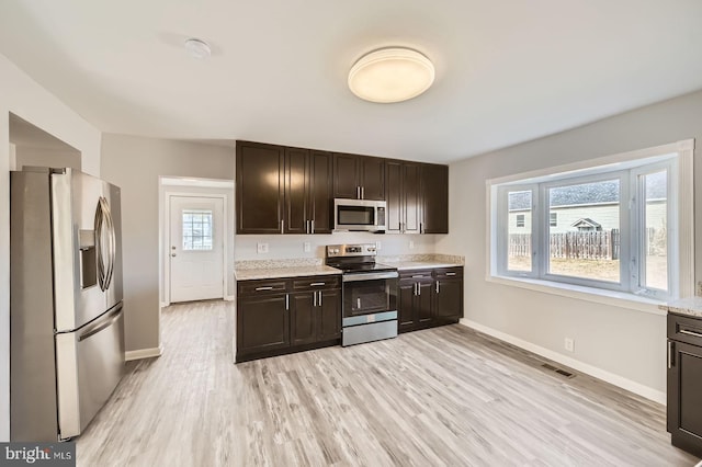 kitchen featuring stainless steel appliances, visible vents, dark brown cabinetry, light wood-type flooring, and baseboards