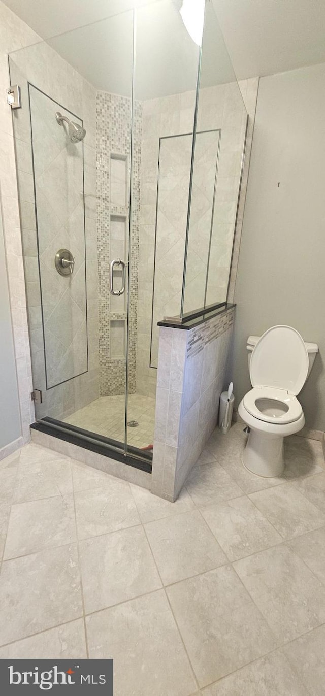 bathroom with toilet and a stall shower