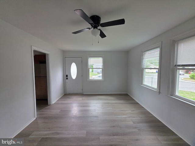 entrance foyer with plenty of natural light, ceiling fan, and light wood-style flooring
