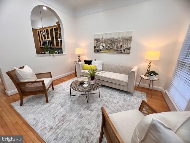 living area featuring baseboards and wood finished floors